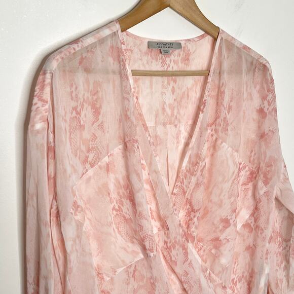 All Saints Womens Penny Masala Top 4 Pink Floral Snake Print Wrap Surplice Sheer - Picture 5 of 10